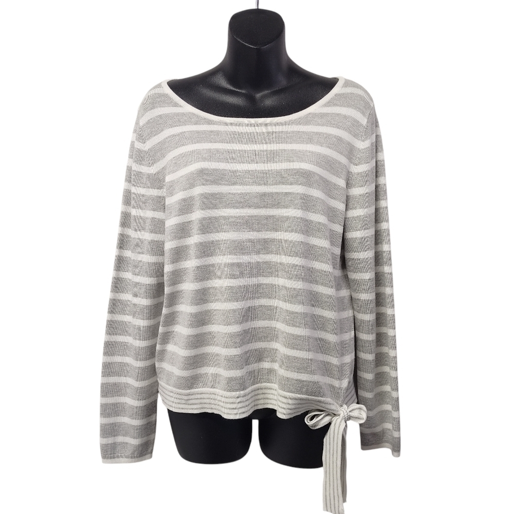 Jones New York Womens Gray Stripe Lightweight Scoop Neck Tie Side Sweater Sz M